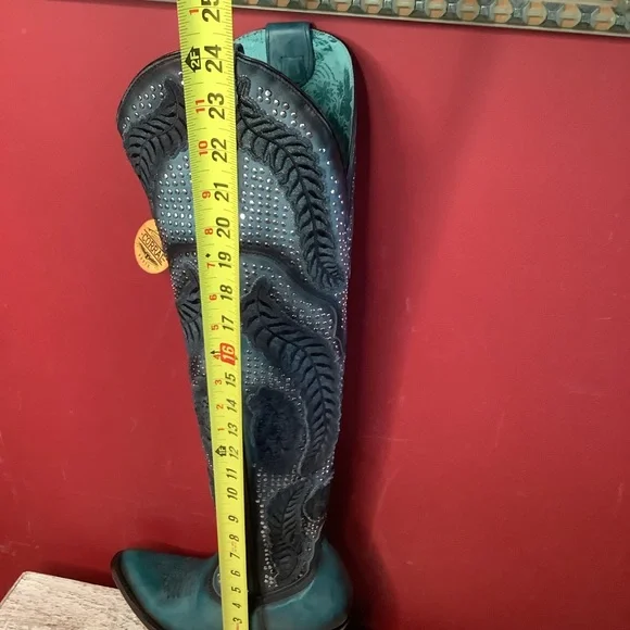 CORRAL Willow Over The Knee  Black & Turquoise Western Boots ~3” Heel Inside Zip - Picture 12 of 16